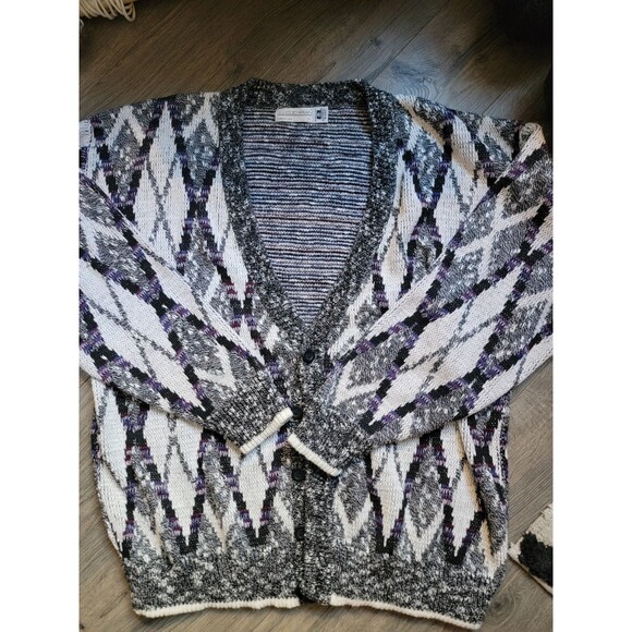 Vintage Cardigan JJ Cochran Sweater Retro Black White Purple XL Geometric - Picture 1 of 4